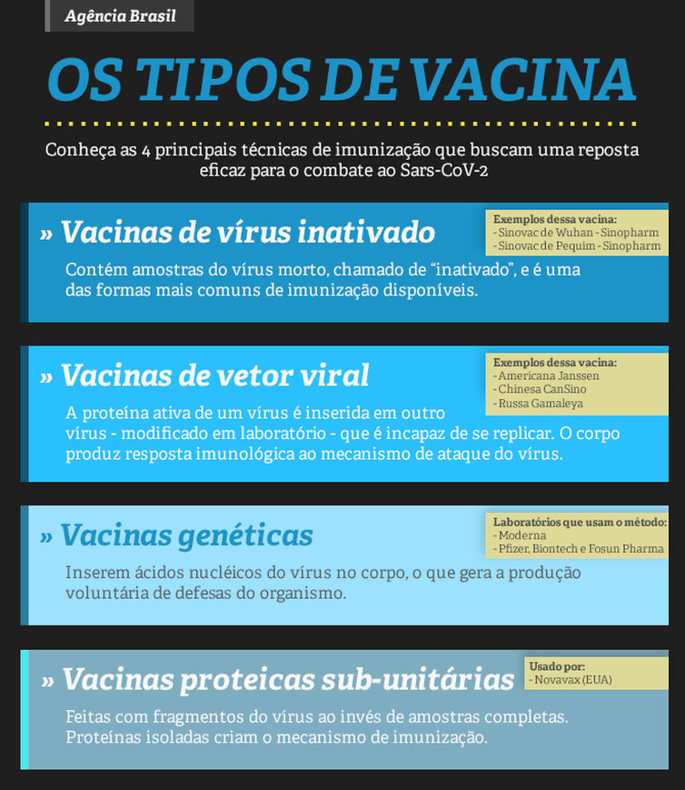 Infográfico mostra os tipos de vacina que podem ser eficazes contra o novo coronavírus.