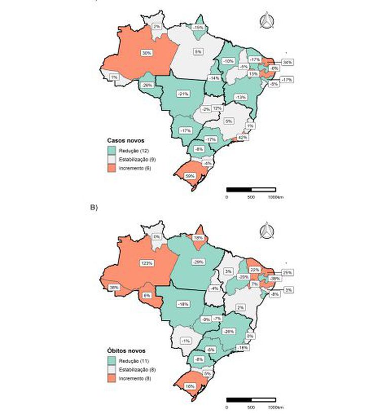 9 Representação da dinâmica de redução, estabilização e incremento do registro de casos (A) e óbitos (B) novos de covid-19,
por UF, na SE 40. Brasil, 2020