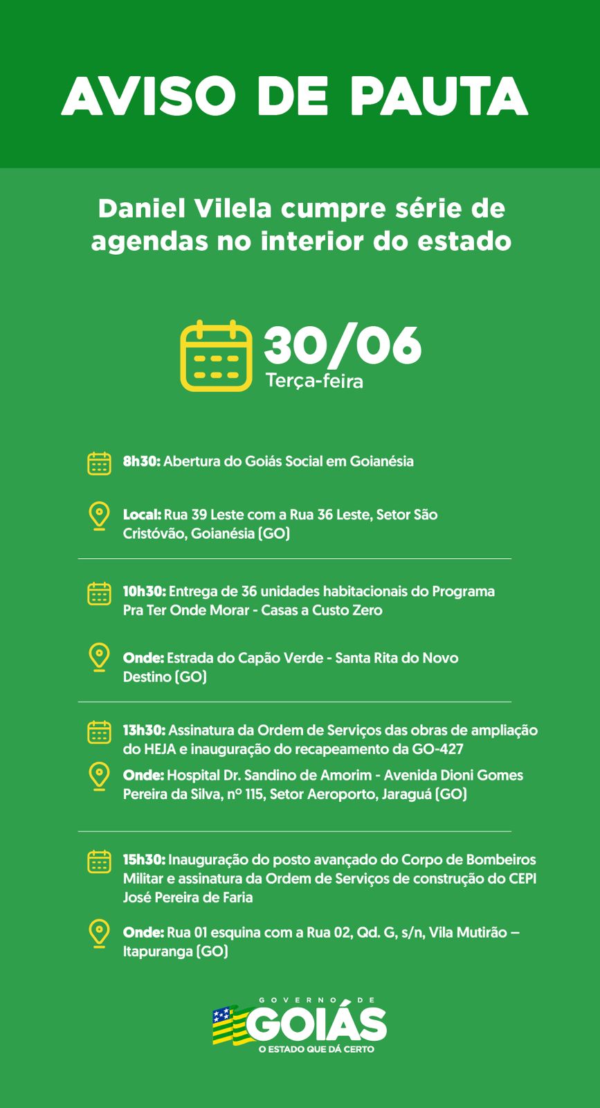 Agenda do governador para o dia 10 de outubro